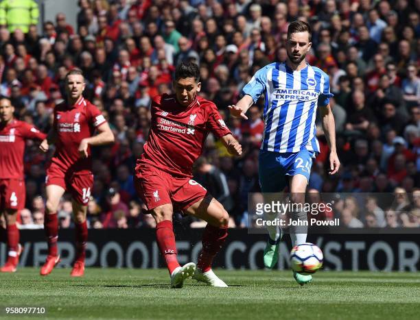 Roberto Firmino of Liverpool comes close during the Premier League match between Liverpool and Brighton and Hove Albion at Anfield on May 13, 2018 in...
