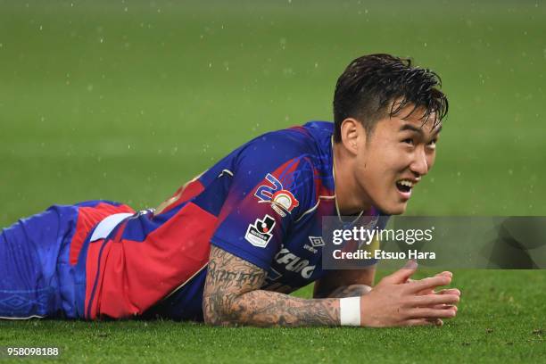 Jang Hyun Soo of FC Tokyo reacts during the J.League J1 match between FC Tokyo and Consadole Sapporo at Ajinomoto Stadium on May 13, 2018 in Chofu,...