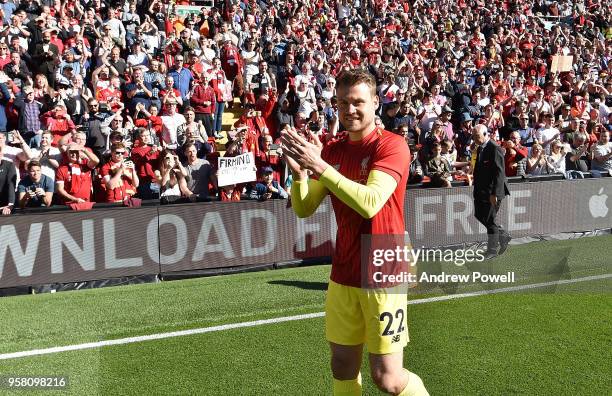 Simon Mignolet of Liverpool shows his appreciation to the fans at the end of the Premier League match between Liverpool and Brighton and Hove Albion...