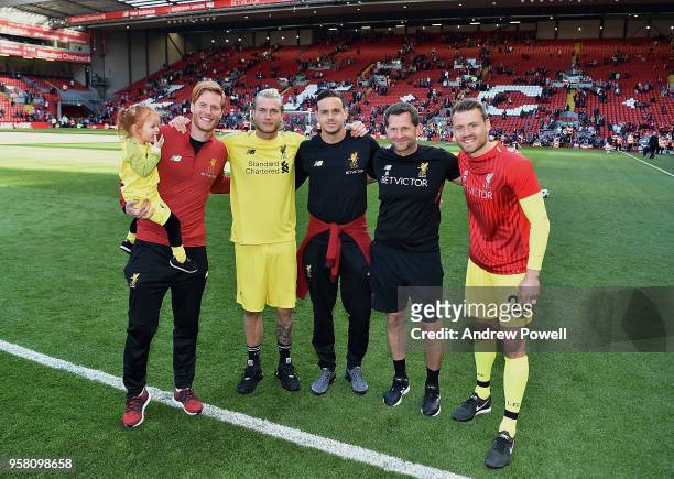 Adam Bogdan, Loris Karius, Danny Ward and Simon Mignolet of Liverpool with John Achterberg goal keeping coach at the end of the Premier League match...