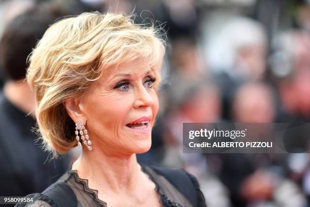 Actress Jane Fonda poses as she arrives on May 13, 2018 for the screening of a remastered version of the film "2001: A Space Odyssey" at the 71st...