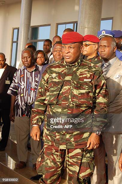 Guinean interim junta chief General Sekouba Konate and Guinean junta chief Captain Moussa Dadis Camara look on on January 15, 2010 in Ouagadougou...