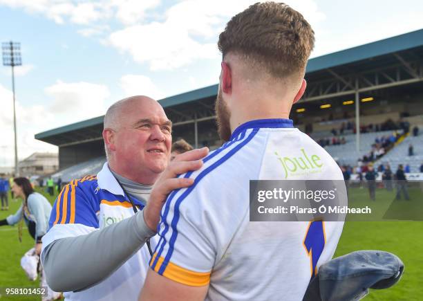 Laois , Ireland - 13 May 2018; Wicklow manager John Evans with goalkeeper Mark Jackson after the Leinster GAA Football Senior Championship...