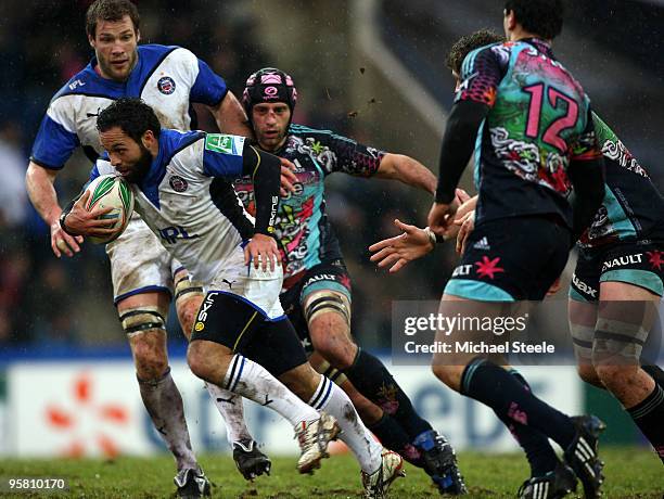 Joe Maddock of Bath bursts his way through during the Stade Francais v Bath Heineken Cup Pool 4 match at the Stade Jean Bouin on January 16, 2010 in...