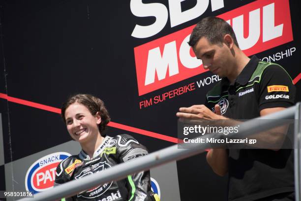 Ana Carrasco of Spain and DS Junior Team celebrates on the podium the victory at the end of the SuperSport300 during 2018 Superbikes Italian Round on...