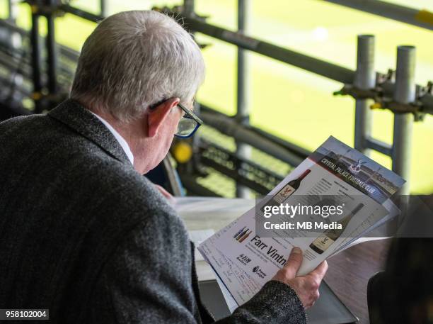 John Motson from the BBC looks on during the Premier League match between Crystal Palace and West Bromwich Albion at Selhurst Park on May 13, 2018 in...