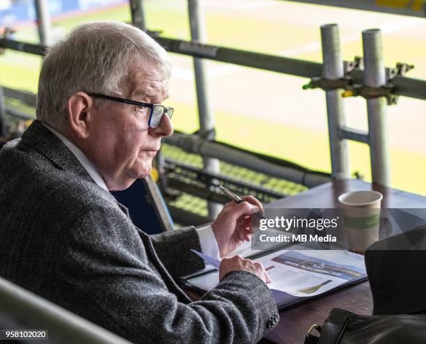 John Motson from the BBC looks on during the Premier League match between Crystal Palace and West Bromwich Albion at Selhurst Park on May 13, 2018 in...