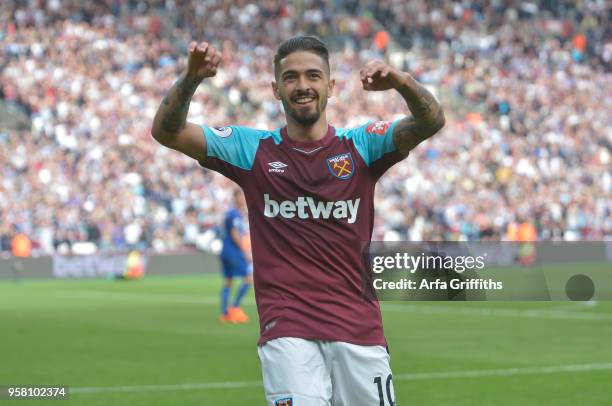 Manuel Lanzini of West Ham United celebrates scoring his second goal during the Premier League match between West Ham United and Everton at London...