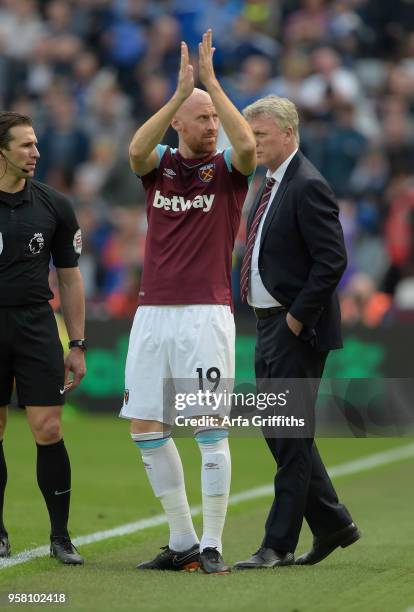 James Colins of West Ham United comes on as substitute during the Premier League match between West Ham United and Everton at London Stadium on May...