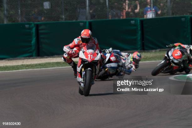 Matteo Ferrari of Italy and Barni Racing Team leads the field during the SuperStock1000 during 2018 Superbikes Italian Round on May 13, 2018 in...