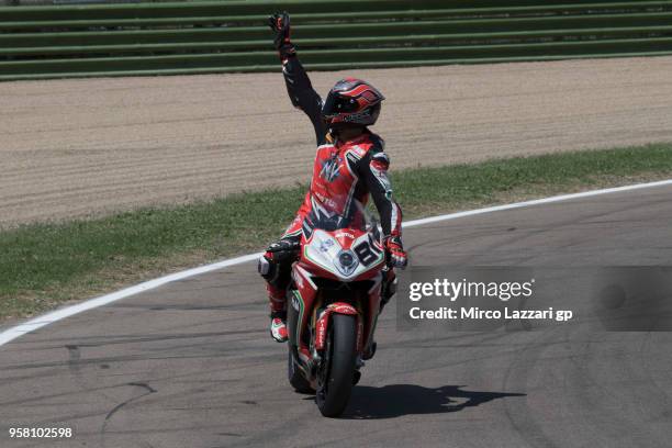 Jordi Torres of Spain and MV Augusta Reparto Corse greets the fans during the Superbike race 2 during 2018 Superbikes Italian Round on May 13, 2018...