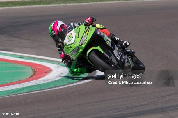Ana Carrasco of Spain and DS Junior Team rounds the bend during the SuperSport300 during 2018 Superbikes Italian Round on May 13, 2018 in Imola,...