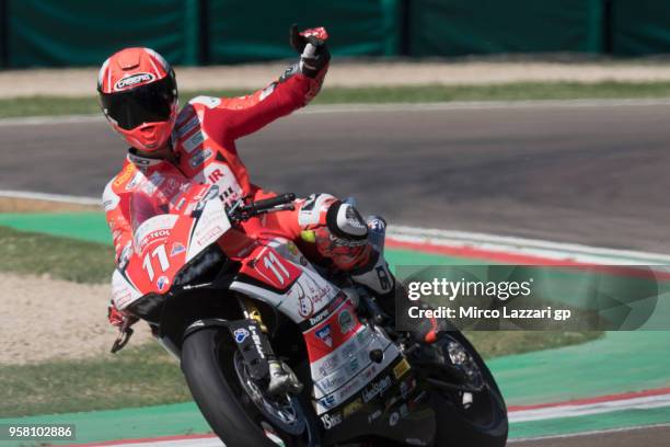 Matteo Ferrari of Italy and Barni Racing Team celebrates the victory at the end of the SuperStock1000 during 2018 Superbikes Italian Round on May 13,...