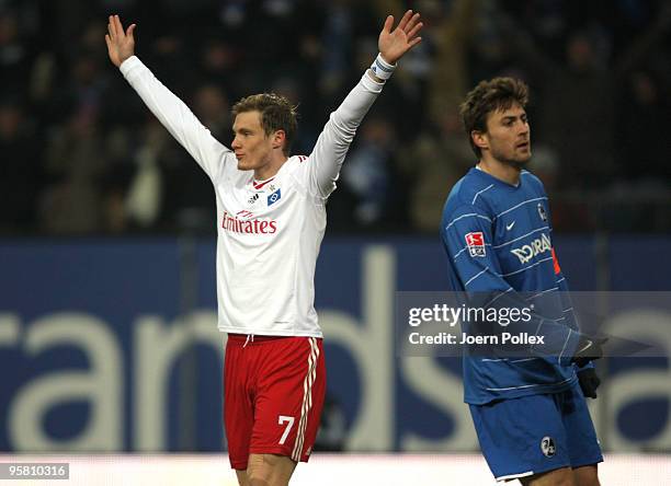 Marcell Jansen of Hamburg celebrates after scoring his team's first goal during the Bundesliga match between Hamburger SV and SC Freiburg at HSH...