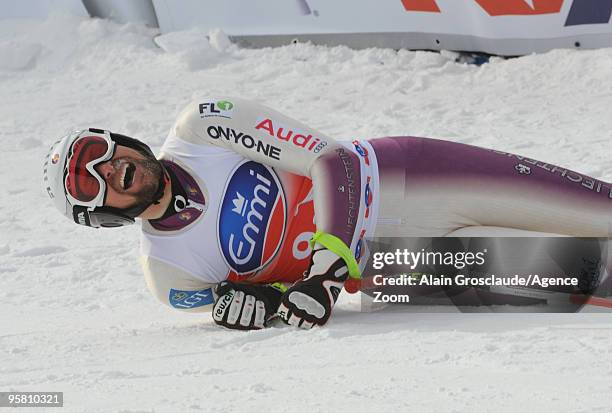 Marco Buechel of Liechtenstein takes 3rd place during the Audi FIS Alpine Ski World Cup Men's Downhill on January 16, 2010 in Wengen, Switzerland.