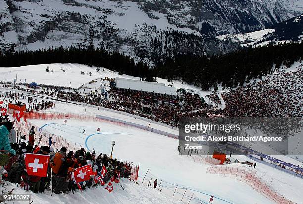 Marco Buechel of Liechtenstein takes 3rd place during the Audi FIS Alpine Ski World Cup Men's Downhill on January 16, 2010 in Wengen, Switzerland.