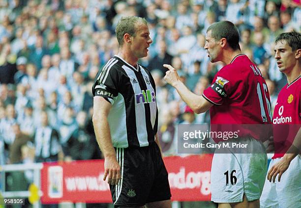 Roy Keane of Man Utd argues with Newcastle captain Alan Shearer during the FA Barclaycard Premiership match between Newcastle United and Manchester...