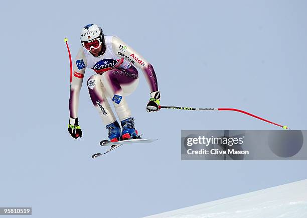 Marco Buechel of Liechtenstein in action on his way to third place during the FIS World Cup Downhill event on January 16, 2010 in Wengen, Switzerland.