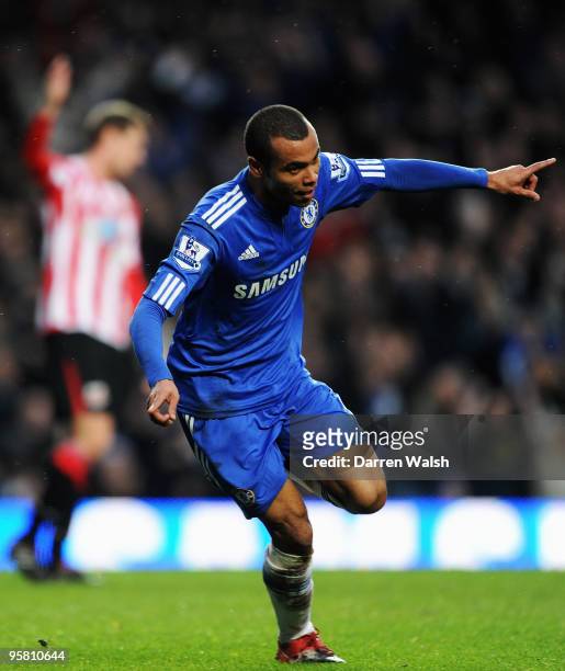 Ashley Cole of Chelsea celebrates scoring his sides third goal during the Barclays Premier League match between Chelsea and Sunderland at Stamford...