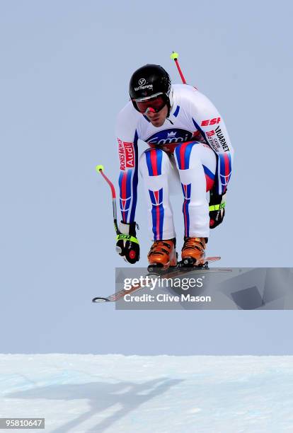 Adrien Theaux of France in action during the FIS World Cup Downhill event on January 16, 2010 in Wengen, Switzerland.