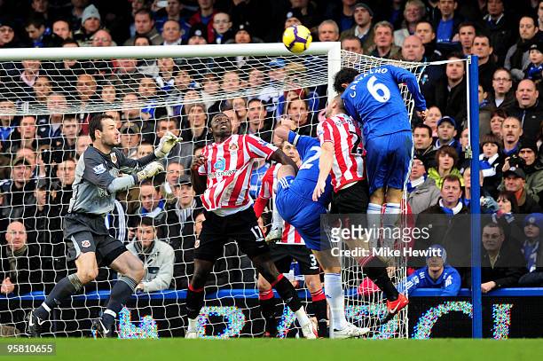 Ricardo Carvalho of Chelsea aims a header on the Sunderland goal during the Barclays Premier League match between Chelsea and Sunderland at Stamford...