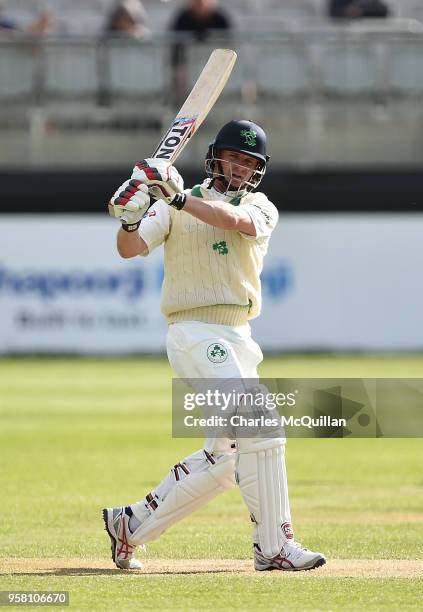 William Porterfield of Ireland plays a delivery during the third day of the test cricket match between Ireland and Pakistan on May 13, 2018 in...