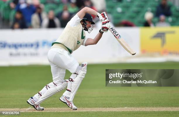 William Porterfield of Ireland plays a delivery during the third day of the test cricket match between Ireland and Pakistan on May 13, 2018 in...