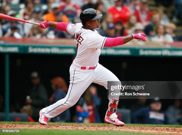 Jose Ramirez of the Cleveland Indians hits a three run home run off starting pitcher Danny Duffy of the Kansas City Royals during the second inning...