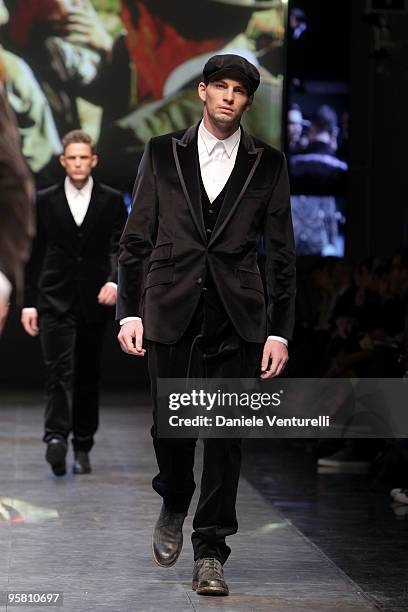 Model walks the runway during the Dolce & Gabbana Milan Menswear Autumn/Winter 2010 show on January 16, 2010 in Milan, Italy.