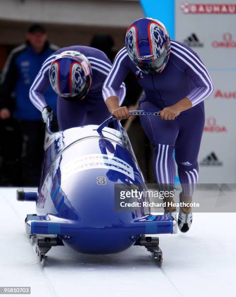 Nicola Minichiello and Gillian Cooke of Great Britian in action during the women's FIBT Bobsliegh World Cup round 7 race at the Olympia Bobrun on...