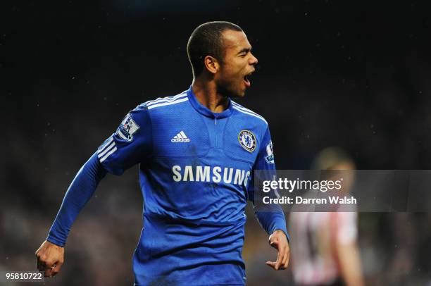 Ashley Cole of Chelsea celebrates scoring his sides third goal during the Barclays Premier League match between Chelsea and Sunderland at Stamford...