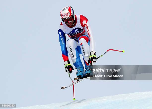 Didier Defago of Switzerland in action during the FIS World Cup Downhill event on January 16, 2010 in Wengen, Switzerland.