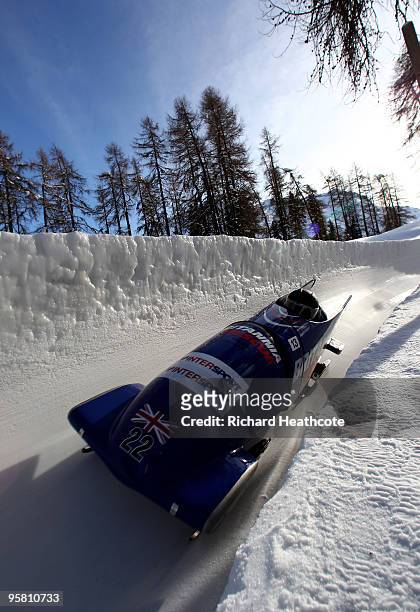 Paula Walker and Jackie Gunn of Great Britian in action during the women's FIBT Bobsliegh World Cup round 7 race at the Olympia Bobrun on January 16,...