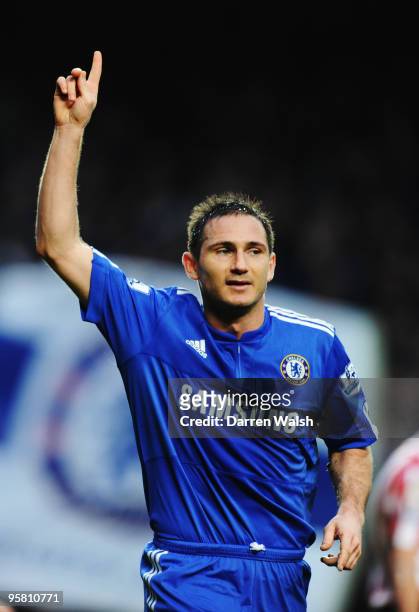 Frank Lampard of Chelsea celebrates scoring his sides fourth goal during the Barclays Premier League match between Chelsea and Sunderland at Stamford...