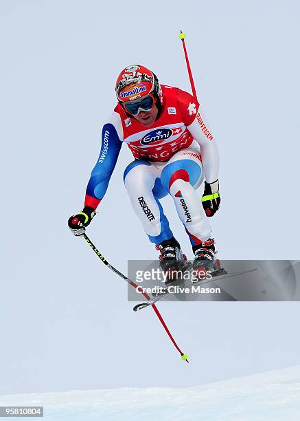 Didier Cuche of Switzerland in action during the FIS World Cup Downhill event on January 16, 2010 in Wengen, Switzerland.