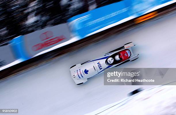 Lyndon Rush and Lascelles Brown of Canada on their way to victory during the two man FIBT Bobsliegh World Cup round 7 race at the Olympia Bobrun on...