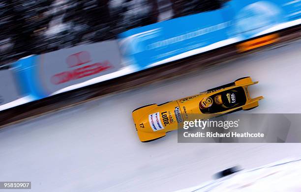 Edwin Van Calker and Sybren Jansma of The Netherlands on their way to third during the two man FIBT Bobsliegh World Cup round 7 race at the Olympia...