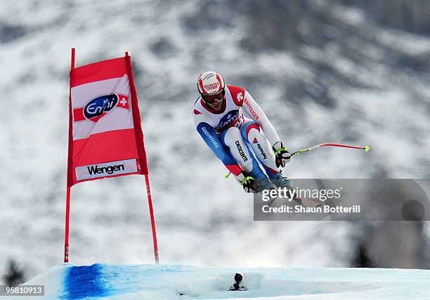 Didier Defago of Switzerland in action during the FIS Ski World Cup Men's Downhill on January 16, 2010 in Wengen, Switzerland.