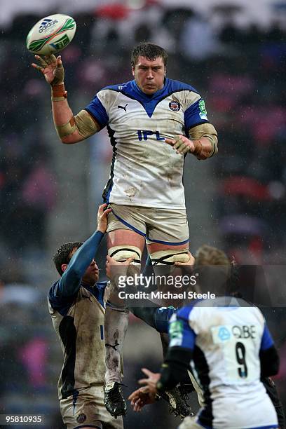 Danny Grewcock of Bath rises highest at a line out during the Stade Francais v Bath Heineken Cup Pool 4 match at the Stade Jean Bouin on January 16,...