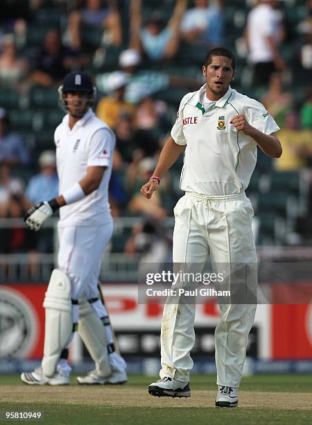 Wayne Parnell of South Africa celebrates taking the wicket of Andrew Strauss of England for lbw and 22 runs during day three of the fourth test match...