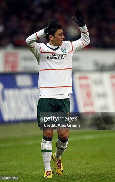 Mesut Oezil of Bremen reacts during the Bundesliga match between Eintracht Frankfurt and Werder Bremen at the Commerzbank Arena on January 16, 2010...