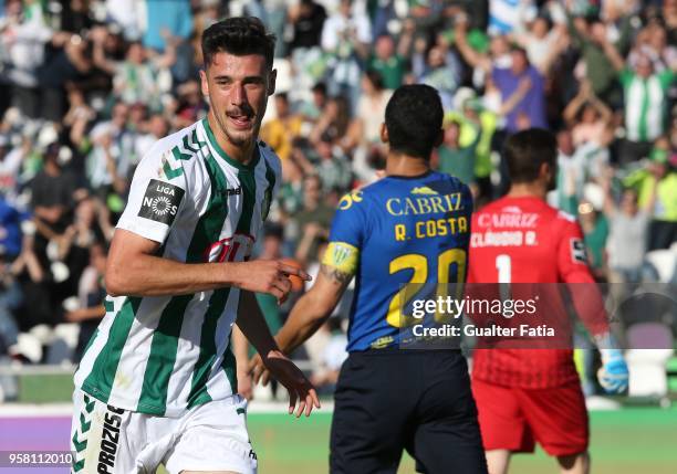 Vitoria Setubal forward Andre Pereira from Portugal celebrates after scoring a goal during the Primeira Liga match between Vitoria Setubal and CD...