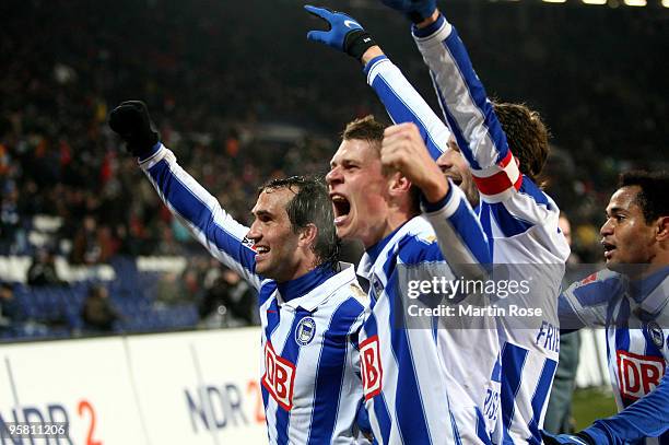 Lukasz Piszczek of Berlin celebrates his teams's third goal during the Bundesliga match between Hannover 96 and Hertha BSC Berlin at the AWD Arena on...