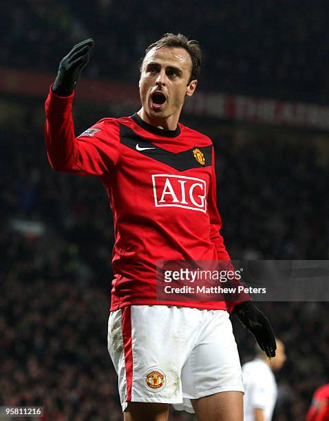 Dimitar Berbatov of Manchester United celebrates scoring their first goal during the FA Barclays Premier League match between Manchester United and...