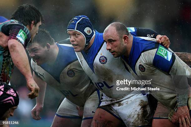 Pieter Dixon and David Wilson of Bath during the Stade Francais v Bath Heineken Cup Pool 4 match at the Stade Jean Bouin on January 16, 2010 in...