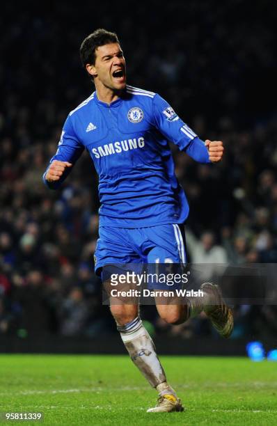 Michael Ballack of Chelsea celebrates scoring his sides fifth goal during the Barclays Premier League match between Chelsea and Sunderland at...