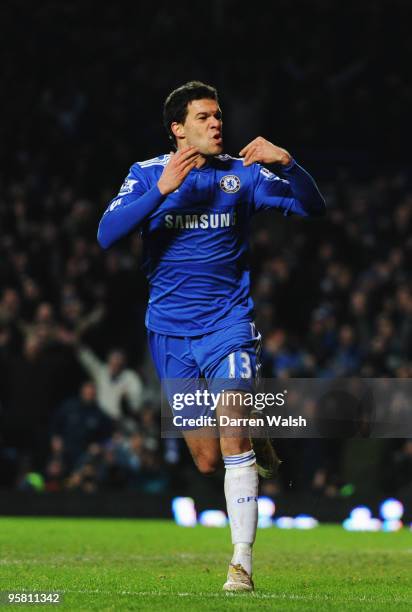 Michael Ballack of Chelsea celebrates scoring his sides fifth goal during the Barclays Premier League match between Chelsea and Sunderland at...