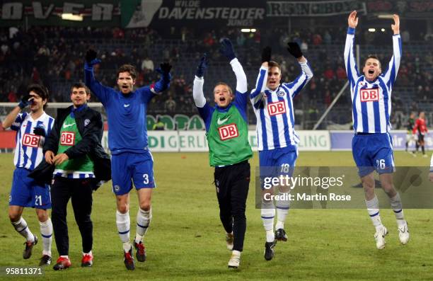 Arne Friedrich, Patrick Ebert, Artur Wichniarek and Lukasz Piszczek of Berlin celebrate after the Bundesliga match between Hannover 96 and Hertha BSC...