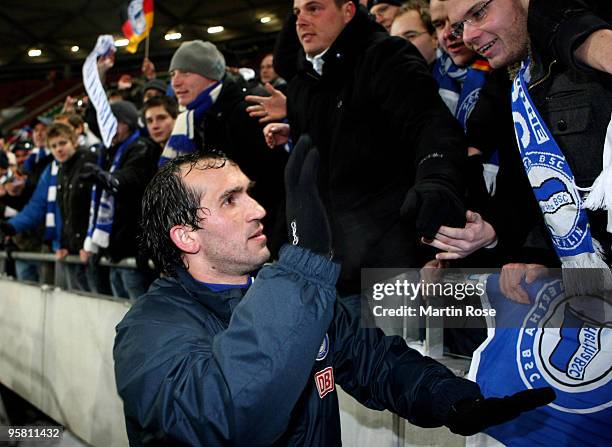 Theofanis Gekas of Berlin celebrates after the Bundesliga match between Hannover 96 and Hertha BSC Berlin at the AWD Arena on January 16, 2010 in...