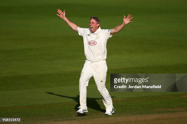 Rikki Clarke of Surrey appeals unsuccessfully during day three of the Specsavers County Championship Division One match between Surrey and Yorkshire...